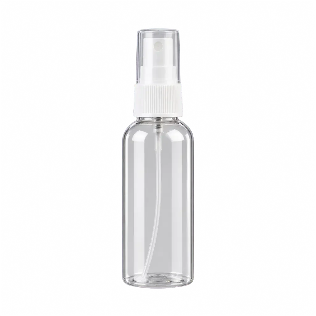 A clear plastic mushroom fine mist spray bottle with a white spray pump and a transparent cap, shown on a solid white background.