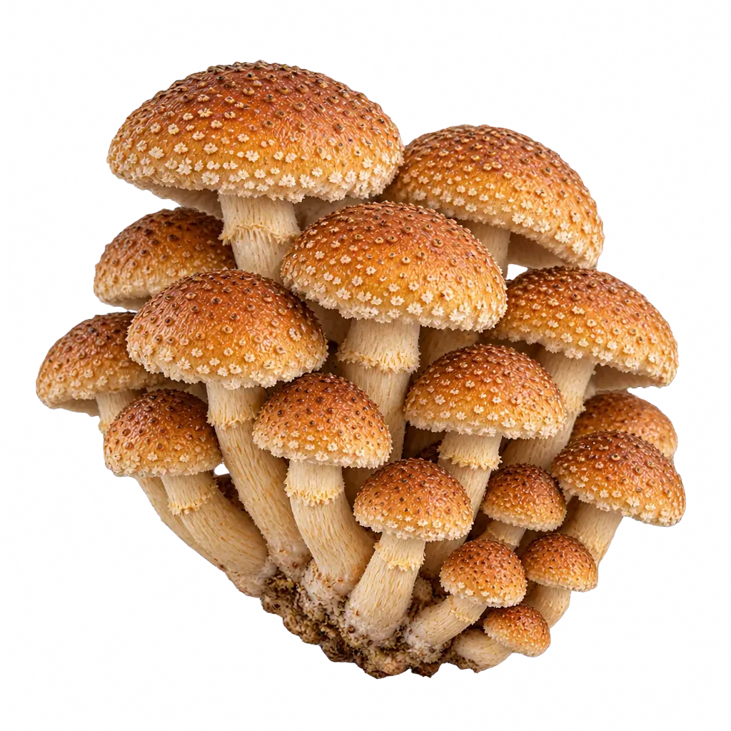 A cluster of orange-brown Speckled Chestnut mushrooms with textured, dotted caps and pale beige stems, isolated on a solid white background.