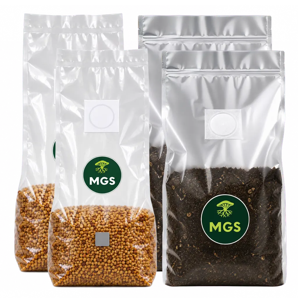 Product photo with 2x 1.5kg sterile mushroom millet grain bags and 2x 2kg sterile mushroom CVG bags