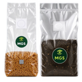 Product photo with 1x 1.5kg sterile mushroom millet bag and 1x 2kg sterile mushroom CVG bag