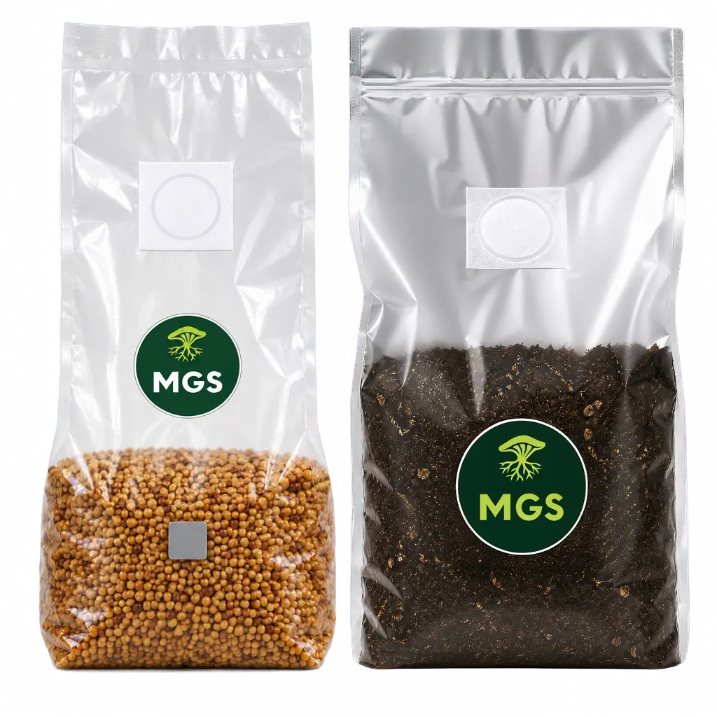 Product photo with 1x 1.5kg sterile mushroom millet bag and 1x 2kg sterile mushroom CVG bag
