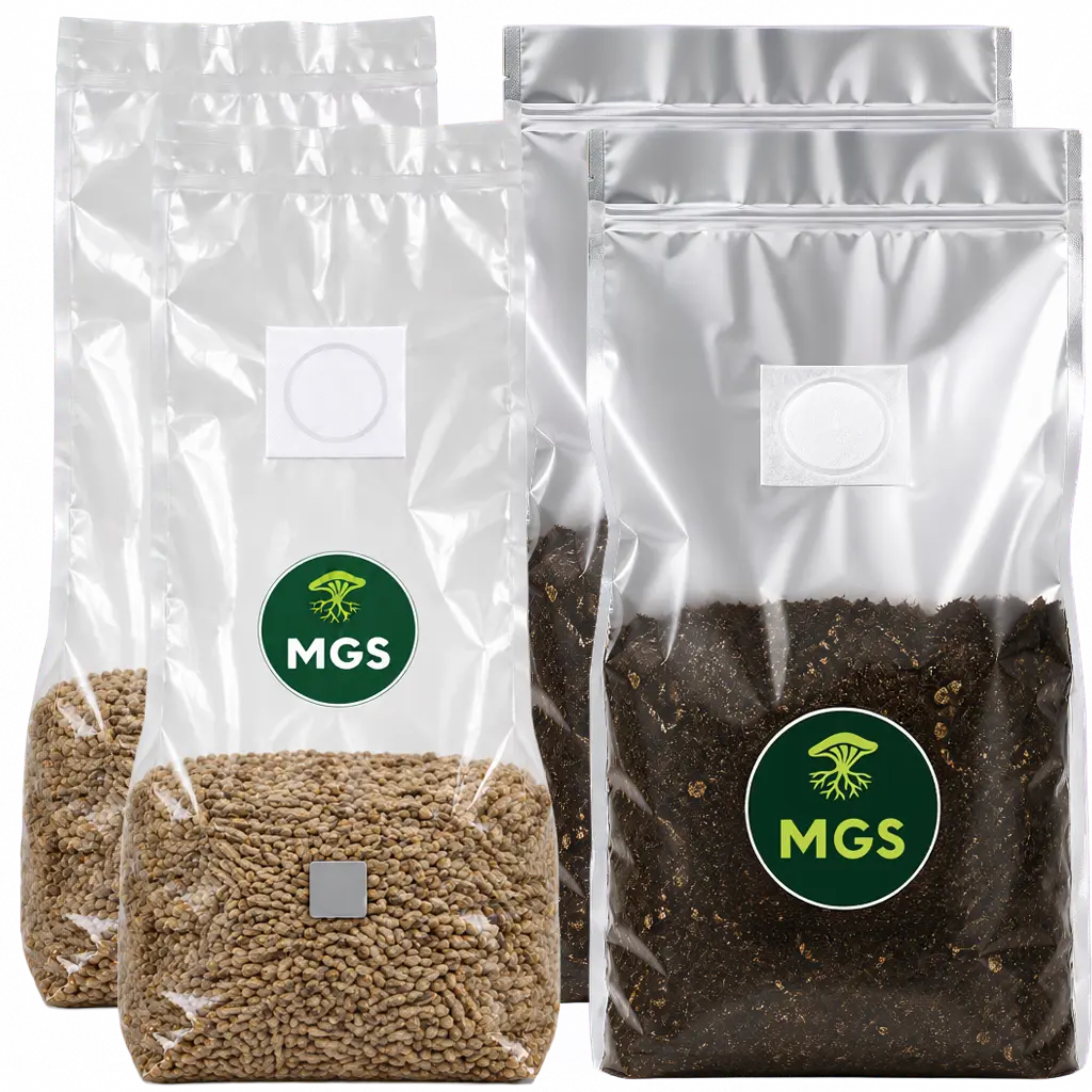 Product photo with 2x 1.5kg sterile mushroom rye bags and 2x 2kg sterile mushroom CVG bags
