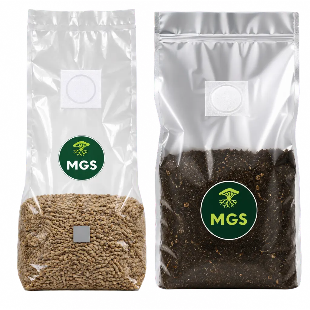 Product photo with 1x 1.5kg sterile mushroom rye bag and 1x 2kg sterile mushroom CVG bag