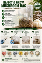 Inject & Grow infographic with instructions for the mushroom grow kit