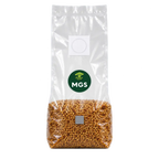 A clear bag stood upright filled with mushroom millet and milo grains, featuring a circular green Mushroom Growing Supplies branded logo label on the front along with a self healing injection port and filter patch, photographed on a clear background.