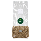 A clear bag stood upright filled with mushroom rye grain, featuring a circular green Mushroom Growing Supplies branded logo label on the front along with a self healing injection port and filter patch, photographed on a clear background.